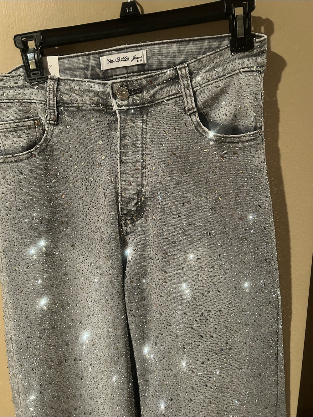 Nina Rossi Silver Straight-Leg Jeans with Rhinestone Detail